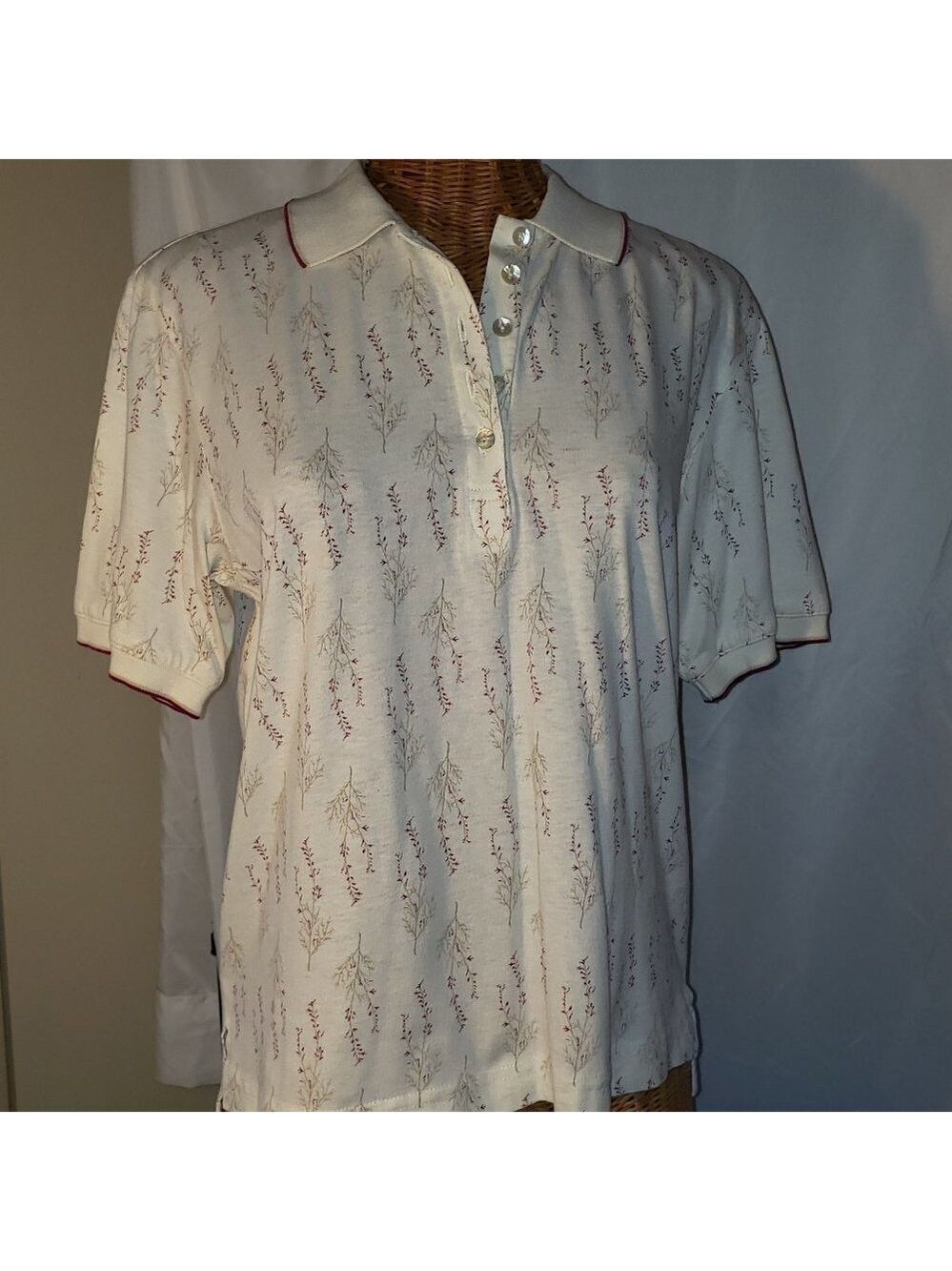 Ladies Vintage LBH Golf Polo Shirt Printed w/Leaves & VInes on Cream - S